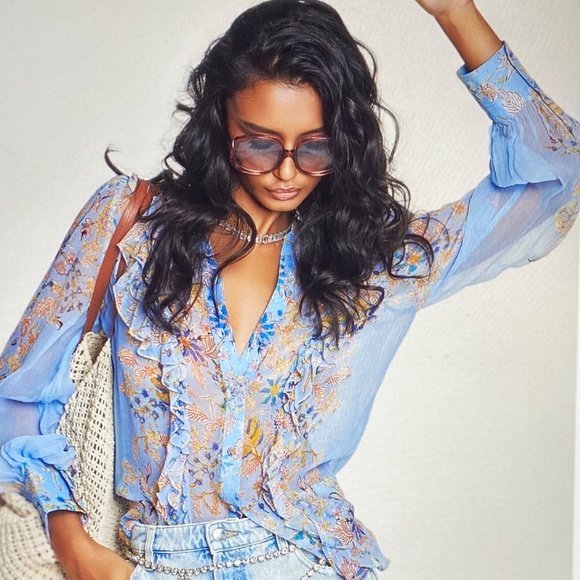 Hemant & Nandita Blue Lyna Chiffon Blouse with matching camisole Size L NWT - Picture 4 of 4